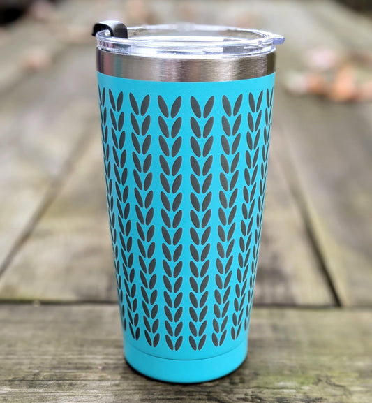 Laser Engraved 20oz Travel Mug with Lid - Aqua Blue Engraved Knit Stitches Travel Cup