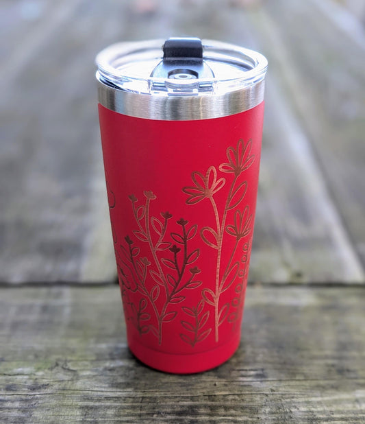 Laser Engraved 20oz Travel Mug with Lid - Red Wildflowers Travel Cup