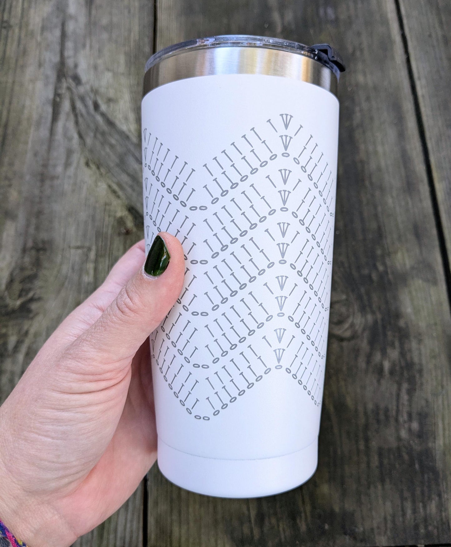 Laser Engraved 20oz Travel Mug with Lid - White Engraved Crochet Ripple Stitch Travel Cup