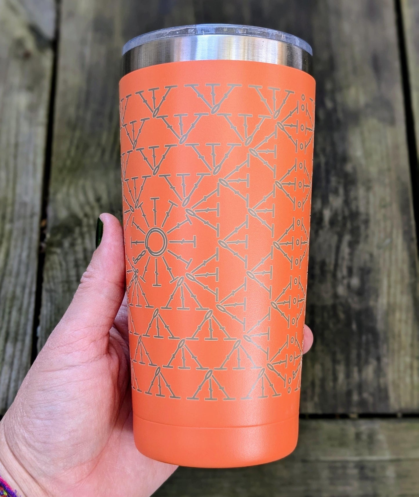 Laser Engraved 20oz Travel Mug with Lid - Orange Engraved Granny Square Crochet Stitches Travel Cup