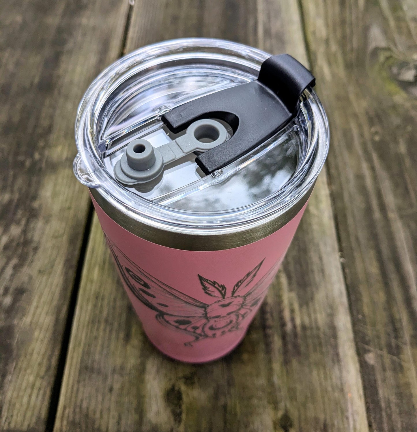 Laser Engraved 20oz Travel Mug with Lid - Pink Engraved Death Head Moth Travel Cup