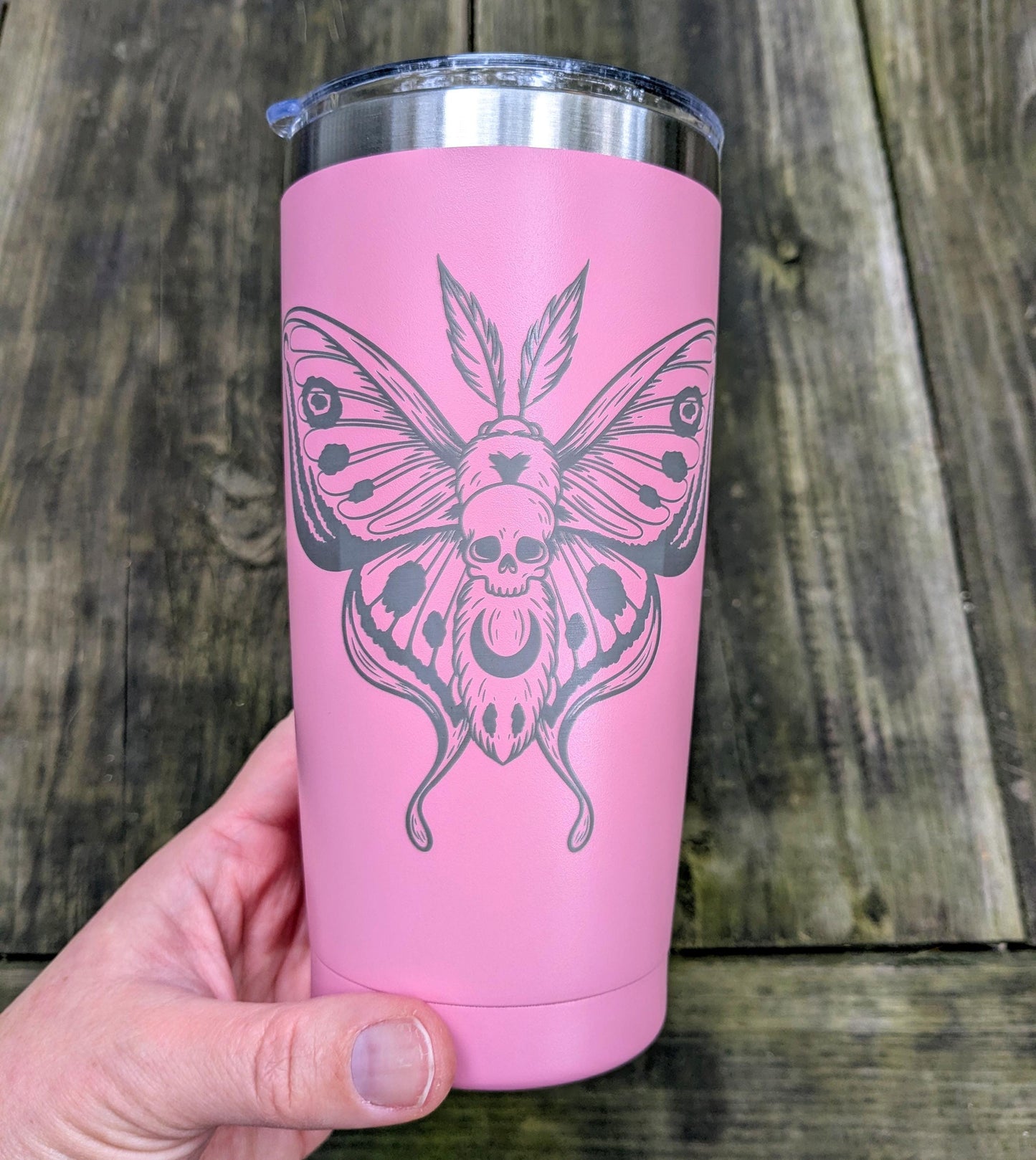 Laser Engraved 20oz Travel Mug with Lid - Pink Engraved Death Head Moth Travel Cup