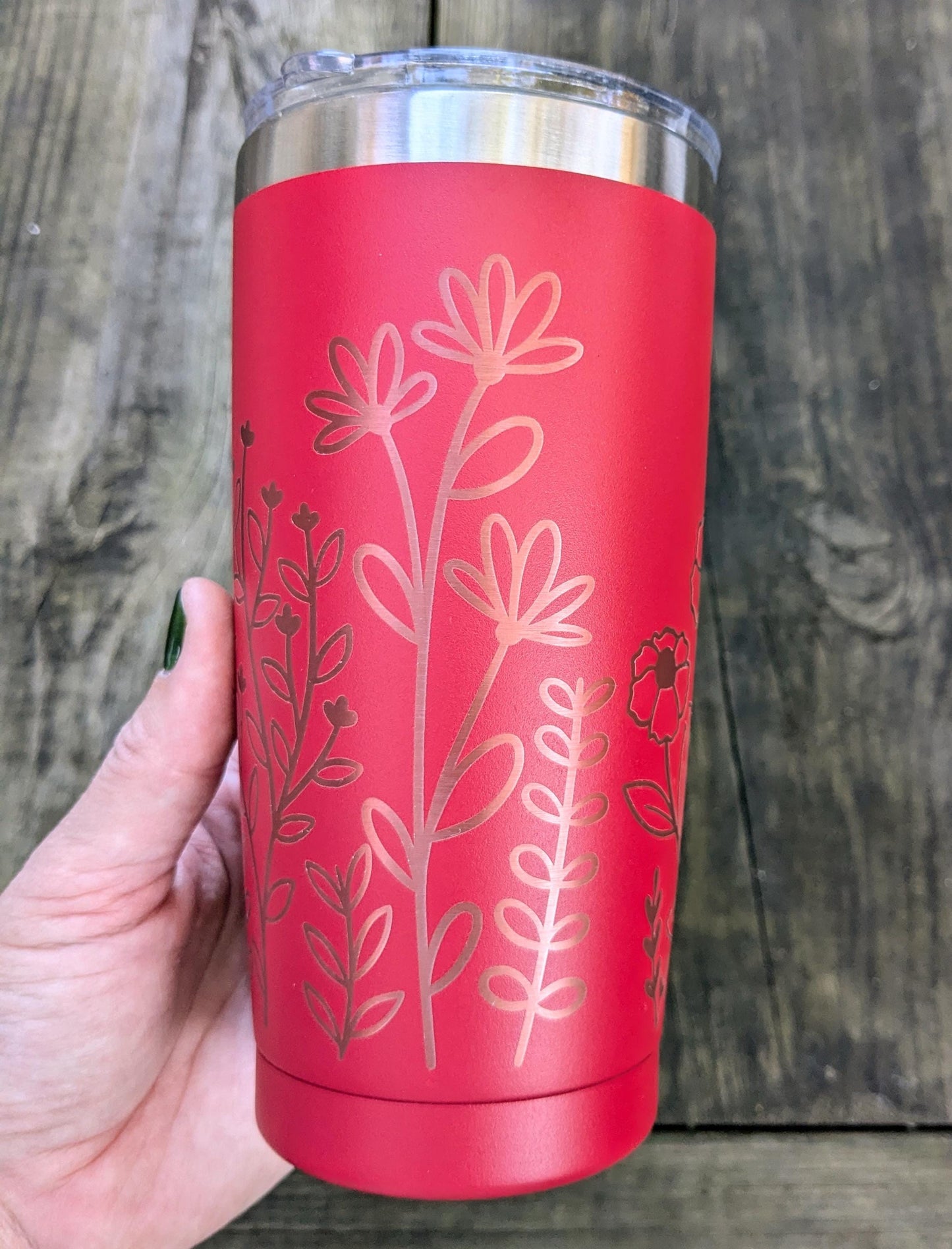 Laser Engraved 20oz Travel Mug with Lid - Red Wildflowers Travel Cup