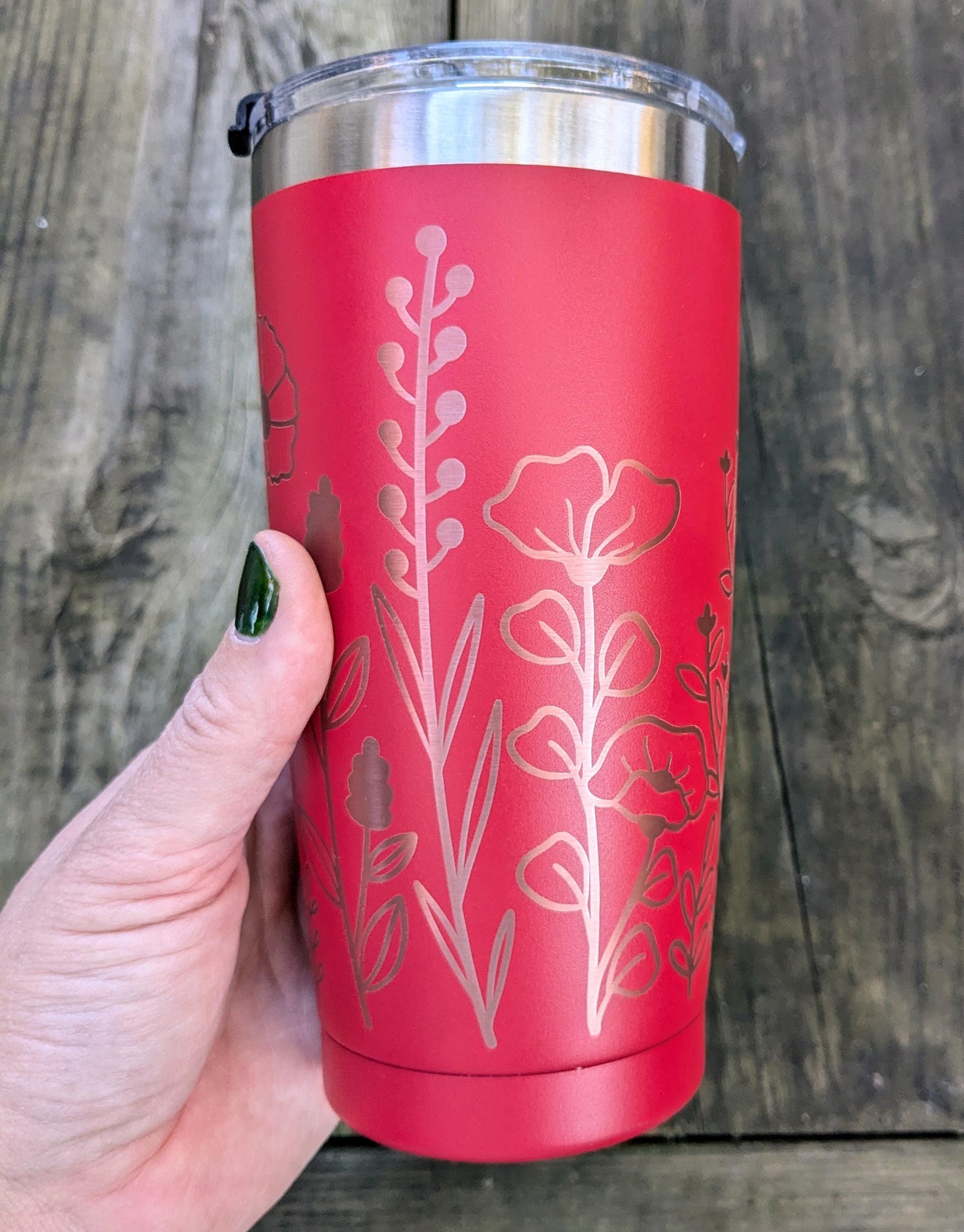 Laser Engraved 20oz Travel Mug with Lid - Red Wildflowers Travel Cup