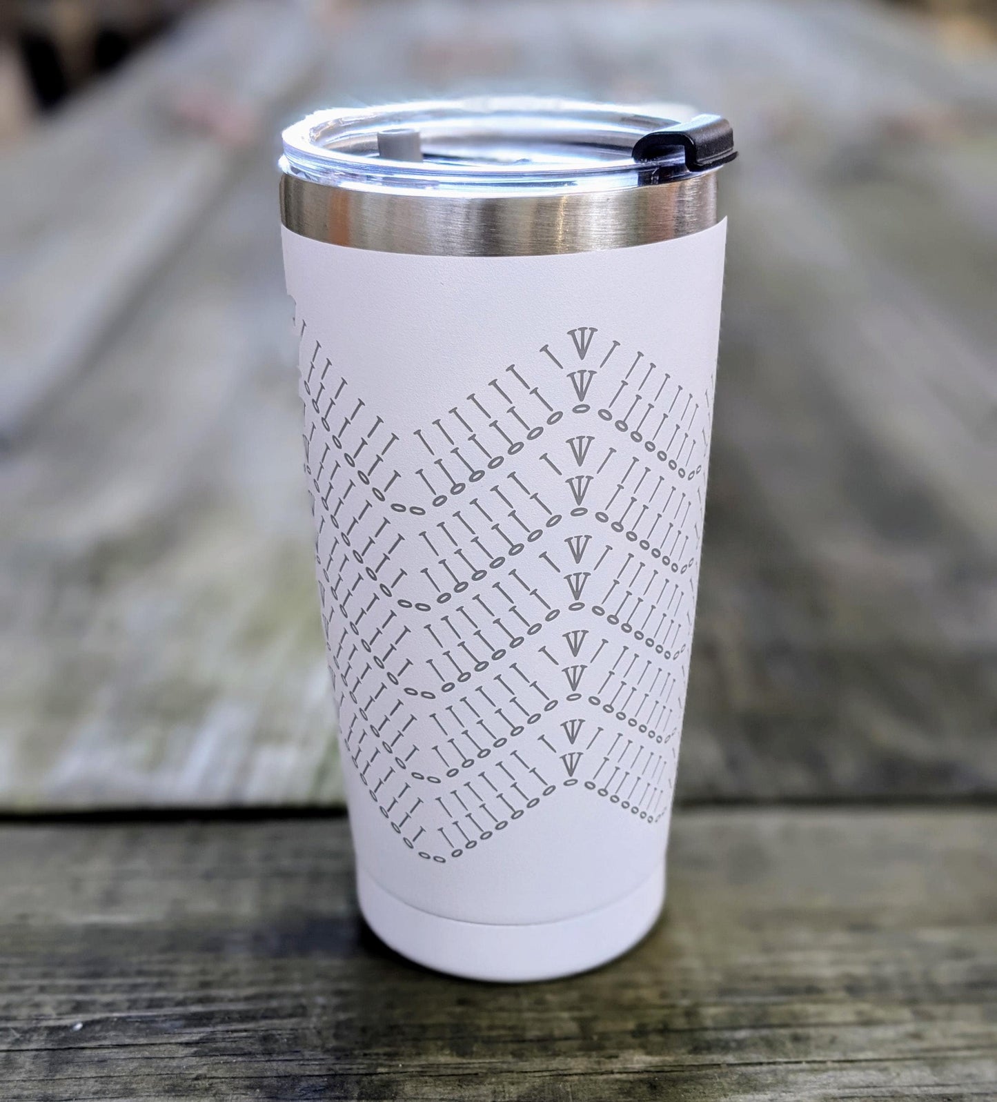 Laser Engraved 20oz Travel Mug with Lid - White Engraved Crochet Ripple Stitch Travel Cup