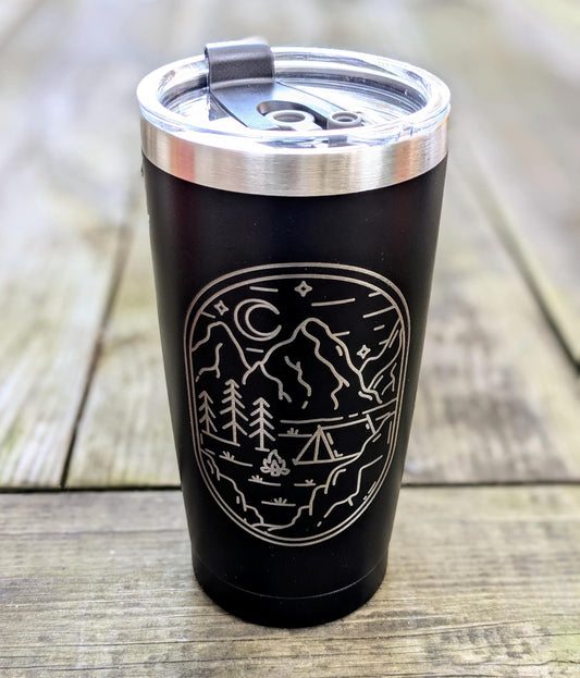 Laser Engraved 20oz Travel Mug with Lid - Camping in the Mountains Travel Cup